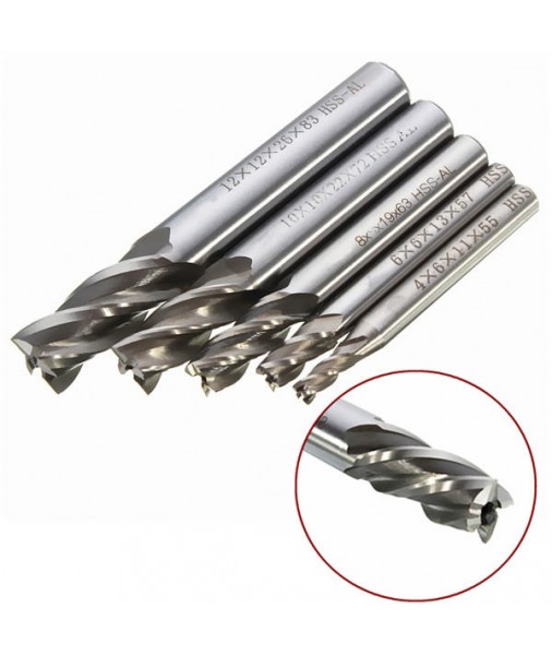 DB-M2 5pcs 4/6/8/10/12mm 4 Flute End Mill Cutter HSS Straight Shank Drill Bits